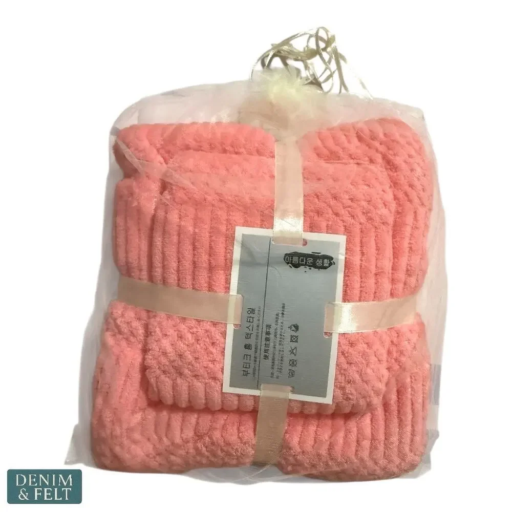 Pink Coral Fleece Bath & Hand Towel Set Plush Ribbed Spa Style Gift Wrapped‎